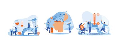 Bilgisayarla çalışan enerjik bir iş kadını. İnsanlar ruh hali ölçeğinde, stres oranında. Burnout ve Artan Üretim. Stres seviyesi konsepti. Düz vektör resimlemesini ayarla