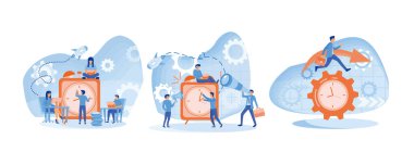 Zaman yönetimi konsepti. Mesai saatinin çalar saati çalıyor. İşlem organizasyonu. Düz vektör resimlemesini ayarla