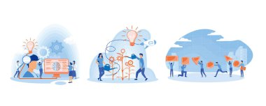 Bilgi Posteri Ekibi Gerçekleştirme Fikri üzerinde çalışıyor. Yeni fikirler bulmak için takım çalışması. Takım çalışması, kolektif çalışma, ortaklık konsepti. Düz vektör resimlemesini ayarla