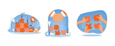 Ortak takım çalışması kavramı. Takım çalışması, takım oluşturma, kurumsal organizasyon. Yenilikçi iş yaklaşımı, beyin fırtınası, eşsiz fikirler ve yetenekler. Düz vektör resimlemesini ayarla