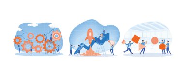 Yetenekli iş birliği iş arkadaşı. Roket yatırım servisiyle büyümek. Birlikte çalışma ve problem çözme konsepti. Düz vektör resimlemesini ayarla