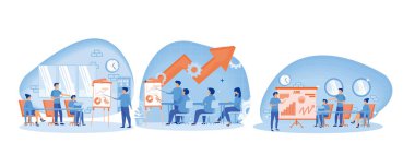 İş koçu seyircilerin önünde konuşuyor. Stajyerlerin desteğinden sorumludur. Seminer konuşmacısı sunum yapıyor ve pazarlama konusunda profesyonel eğitim alıyor. Düz vektör resimlemesini ayarla