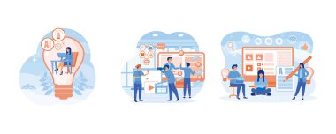 İçerik yaratma, yaratıcı kişi konsepti. Video içeriği oluşturma ekibi. Freelancer, blog yazarı, içerik yaratıcısı, aygıt kullanan karakterleri olan bir kopya yazarı. Düz vektör resimlemesini ayarla