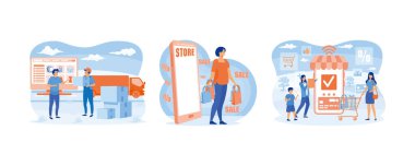 Çevrimiçi Alışveriş ve Satın Alım. Mağazalarda, dükkanlarda, alışveriş merkezlerinde büyük indirimler var. Mutlu bir aile mobil bir uygulama ile internetten alışveriş yapıyor. Düz vektör resimlemesini ayarla