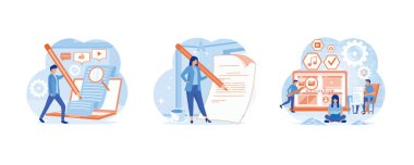 İçerik yazarı. İçerik yazarı, blogcu, gazeteci ya da editör konsepti. İçerik Oluşturma, Kopyalama, Pazarlama Konsepti. Düz vektör resimlemesini ayarla