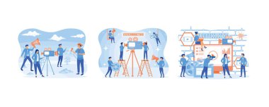 Film yapım konsepti. Film yapmak, video prodüksiyon iniş sayfası şablonu. İniş sayfası için film yapımı çevrimiçi kurs kullanılabilir. Düz vektör resimlemesini ayarla