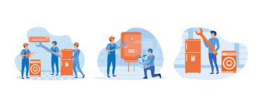 Elektrikçi, tamirci ya da tamirci. Tesisatçı bozuk su ısıtıcısını tamir ediyor. Çamaşır makinesiyle ev aletleri tamir servisi. Düz vektör resimlemesini ayarla