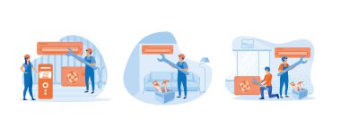 Bakım, soğutma sistemi kurulumu. Birim Bozukluğu ile Klima Tamiri veya Kurulumu. Bakım Servisi. Düz vektör resimlemesini ayarla