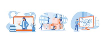 Çevrimiçi asistan, sanal yardım servisi. Yeni çözümler aramak, şirkette birlikte çalışmak. Sanal mağazaya yapılan aramada uzaktan danışman müşteriye yardım ediyor. Düz vektör resimlemesini ayarla