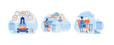 Kadın evde dizüstü bilgisayarla çalışıyor. Çevrimiçi meslektaşlarımla konuşuyorum. Masada oturan bir kadın, bilgisayar ekranına bakıyor. Düz vektör resimlemesini ayarla