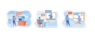 Yardım hattı operatörü konsepti. Kadın yardım hattı operatörü müşteriye tavsiyede bulunuyor. Müşteriler için teknik destek, iş için telefon hattı. Düz vektör resimlemesini ayarla