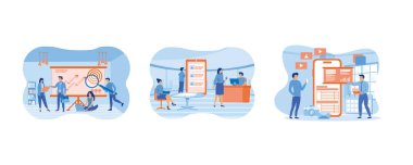 İş geliştirme ve kariyer büyüme kavramı. Mobil uygulama geliştirme ve tasarım süreci ile birlikte iş ekibi çalışıyor. İş geliştirme konsepti. Düz vektör resimlemesini ayarla