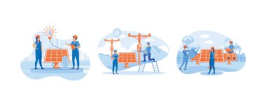 Güneş enerjisi paneli kurulumu. Güneş Enerjisi Kurumu. Güneş panelleri ile alternatif enerji kaynağı. Düz vektör resimlemesini ayarla