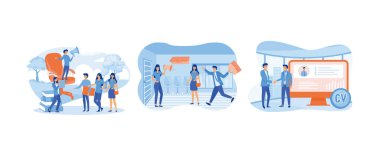 İşe alım acentesi işi. İş arayan ve fırsat kollayan insanlar. İş grafikleri, boş daireler. Düz vektör resimlemesini ayarla