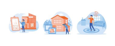 Ev listeleme konsepti. Emlak evi sanal turu. Adam gayrimenkul için kredi ödüyor. Düz vektör resimlemesini ayarla