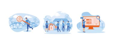 Yatırım, gayrimenkul, yatırım fırsatı konsepti. Emlak ve anahtar kiralama. İnternetten ev al veya kirala. Düz vektör resimlemesini ayarla