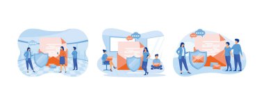 İnsanlar büyük zarfın, mektubun, kalkanın yanında duruyor. Özel mesajlar, e-posta şifreleme, gizli bilgi koruması. Şifreli, güvenli kurye konsepti. Düz vektör resimlemesini ayarla