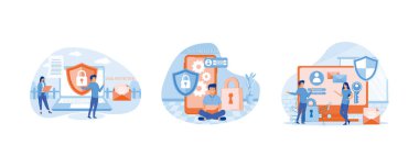 Web sayfası için veri koruması kavramı. Veri güvenliği, mahremiyet ve internet güvenliği. Veri koruma kavramı. Düz vektör resimlemesini ayarla