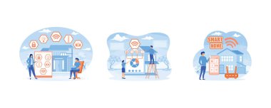 Akıllı ev aletlerini tablet ve dizüstü bilgisayarla kontrol eden iş adamları. Kavramsal zeka kavramına sahip akıllı bir ev. Akıllı ev uygulaması konsepti. Düz vektör resimlemesini ayarla