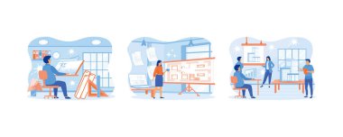 Çizim için Mimari Masa. Profesyonel inşaat planı geliştirme işi teknik meslek olarak. Takım Planlama Projesi ve Toplantı Sunumu. Düz vektör resimlemesini ayarla