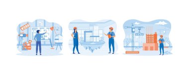 Erkek mimar tasarım atölyesinde proje planı çiziyor. Hayaller şehrini inşa eden yaratıcı insanlar. Miğferli ve Takım Elbiseli Adam Projesi. Düz vektör resimlemesini ayarla