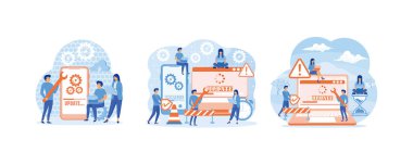 Bilgisayar ve kurulum programlarındaki işlemleri güncelleyen kişilerle ilgili sistem güncellemeleri. Küçük programcılar işletim sistemini güncelliyor. Teknik hata ve servis. Düz vektör resimlemesini ayarla