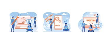 Mobil uygulama tasarımı için insanları güncelle. Yazılım Güncelleme konsepti, iniş sayfası için kullanılabilir. Yazılım güncellemesi veya işletim sistemi. Düz vektör resimlemesini ayarla