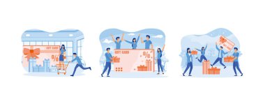 Hediye çeki ve terfi. Neşeli insanlar indirim kartı, kupon ya da kupondan mutlu olurlar. Sadakat programı puanları kazan ve online ödül, hediyeler veya ikramiye kazan. Düz vektör resimlemesini ayarla