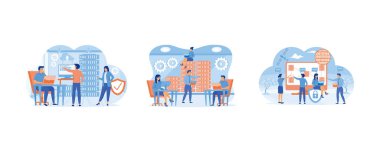 Sistem yöneticisi bakım sunucusu, ağ ayarlanıyor. Sistem yöneticileri ya da sysadminler sunucu raflarına hizmet ediyorlar. Sistemlerin yönetimi ve desteği. Düz vektör resimlemesini ayarla