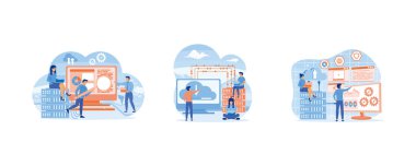 Sistem yöneticili internet sunuculuğu ya da bulut hesaplama afişi. Web sunucu konsepti. Sosyal medya promosyon materyalleri için hizmet kompozisyonu sunan web sitesi. Düz vektör resimlemesini ayarla