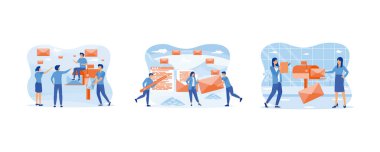 Posta servisi ve yazışma teslimat konsepti. İnsanlar posta ve paketleri müşterilere göndermekle meşgul. İş konsepti için pazarlama ve posta servisi. Düz vektör resimlemesini ayarla