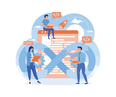 DevOps karakterleri geliştirir, yazılım dağıtımı otomasyon konsepti. Yazılım geliştirme işlemleri çalışma akışı. Takım işbirliği yapıyor. düz vektör modern illüstrasyon