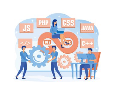 DevOps konsepti. Programcılar geliştirme ve yazılım işlemleri yapıyor. İşlem süreci üzerinde çalışan geliştirici, teknik destek, programlama kodu. düz vektör modern illüstrasyon