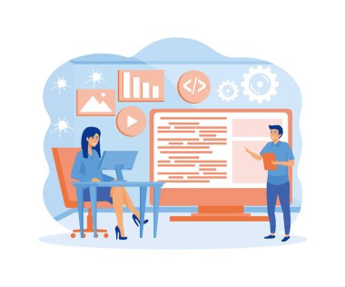 Yazılım mühendisi konsepti. Web tasarımı ve geliştirme, programcı ve kodlama web sitesi veya uygulama. Proje mühendisi, programlama yazılımı. düz vektör modern illüstrasyon