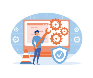 Sistem bakım konsepti. Programı ve uygulamayı güncelle, hata, bir sorunu düzelt, aygıt güncelleme. düz vektör modern illüstrasyon