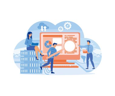 Sistem yöneticili internet sunuculuğu ya da bulut hesaplama afişi. İnsanlar veri teknolojisi yazılımını koruyor. Veritabanı depolama hizmeti kavramı. düz vektör modern illüstrasyon