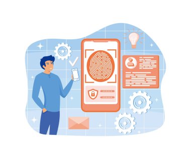 Yüz tanıma sistemi geliştirme çevrimiçi hizmet veya platform. Yüz biyometrik doğrulama, video tanımlama. Mobil uygulama. düz vektör modern illüstrasyon