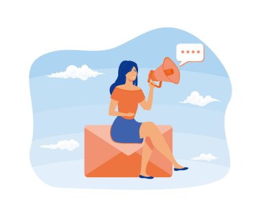 E-posta pazarlama konsepti. İndirim veya tanıtım bilgileri için abonelik ve e-posta bülteni gönderme. düz vektör modern illüstrasyon