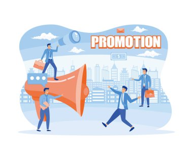 Promoters speak with big megaphones and attract buyers investors and entrepreneurs. Advertising, marketing, promotion concept. flat vector modern illustration