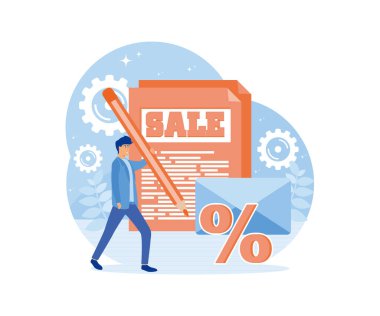 Characters sending advertising mails and promotional offers with sales and discounts. flat vector modern illustration