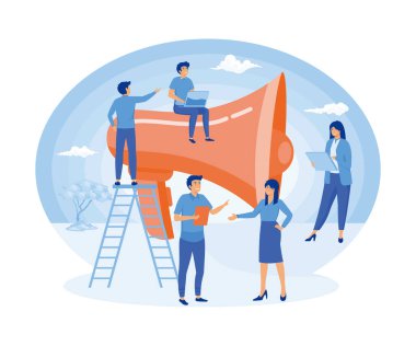 Küçük insanlarla büyük megafon, takım çalışması. İş promosyonu, ilgi, reklam, online uyarı. düz vektör modern illüstrasyon