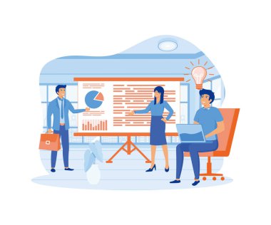 Businesswoman speaking, presenting graphs on board presentation. Group of business people training. flat vector modern illustration