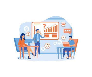 Business people teamwork in office. Businessman, trainer, teacher training employee students team. flat vector modern illustration