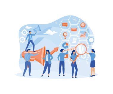 Advertising people concept. Communication announcement by megaphone, business digital advertisement design. Man woman character announce promotion. flat vector modern illustration