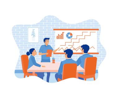 People at business training look at presentation with graphics that shown by tutor on white background. flat vector modern illustration