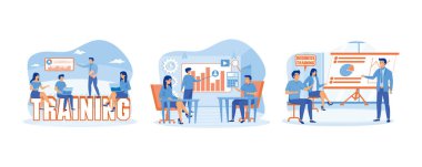 Training concept of young people attending the professional training. Concept of staff training, meeting, business, teamwork. Staff training web banner or landing page. Set flat vector modern illustration