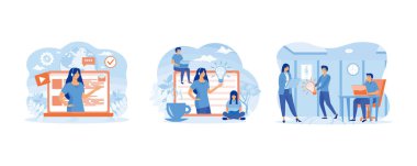 Online global technical support. Concept customer and operator, online technical support for web page. Online assistant at work. Set flat vector modern illustration