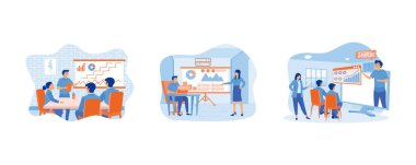 People at business training look at presentation with graphics. Business training or courses concept. Business training landing page. Set flat vector modern illustration