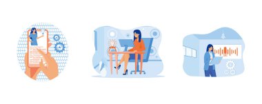 Concept customer and operator, online technical support for web page. Online assistant at work. Personal online assistant. Set flat vector modern illustration