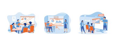 People at business training look at presentation with graphics. Business training or courses concept. Business training landing page. Set flat vector modern illustration